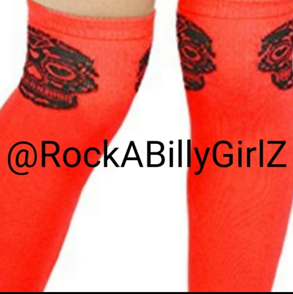 Sourpuss 19" Red Day of Dead Sexy Thigh High Socks w Double Sided Black Skulls - Picture 2 of 6